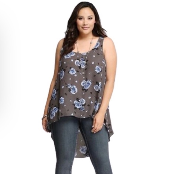 Torrid Floral Grey and Blue Sleeveless Hi- Low Top Size 0X - Picture 3 of 15